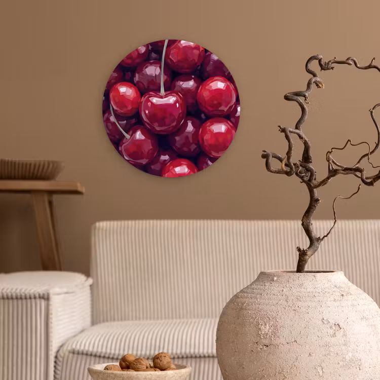 Fruit - Kersen - Eten - Modern - Rood Wandcirkel kunststof plaat 5mm dik klein -sfeer1