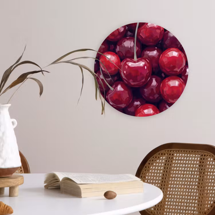 Fruit - Kersen - Eten - Modern - Rood Wandcirkel kunststof plaat 5mm dik klein -sfeer4