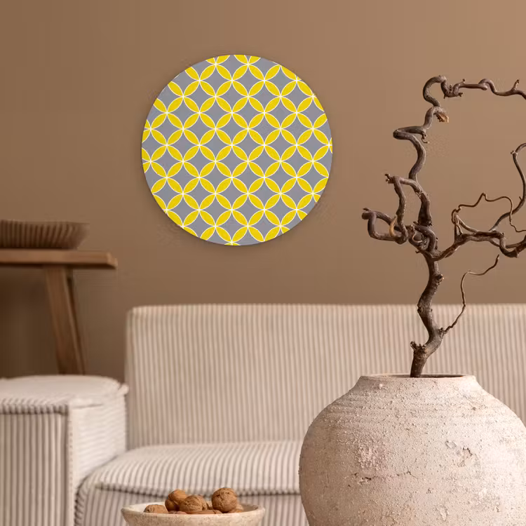 Geometrisch - Cirkels - Modern - Grijs - Geel Wandcirkel kunststof plaat 5mm dik klein 188 -sfeer1