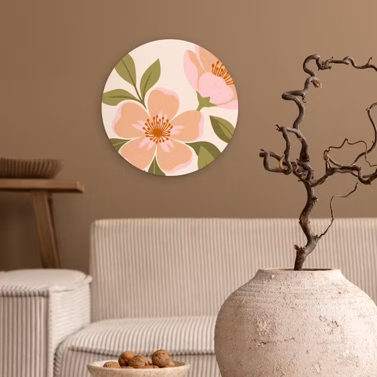 Grafisch - Bloemen - Roze Wandcirkel kunststof plaat 5mm dik klein -sfeer1