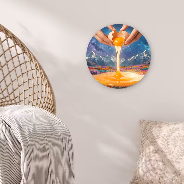 round wall art - Hands - Egg - Surrealism - Handen - Ei - Surrealisme Wandcirkel kunststof plaat 5mm dik klein