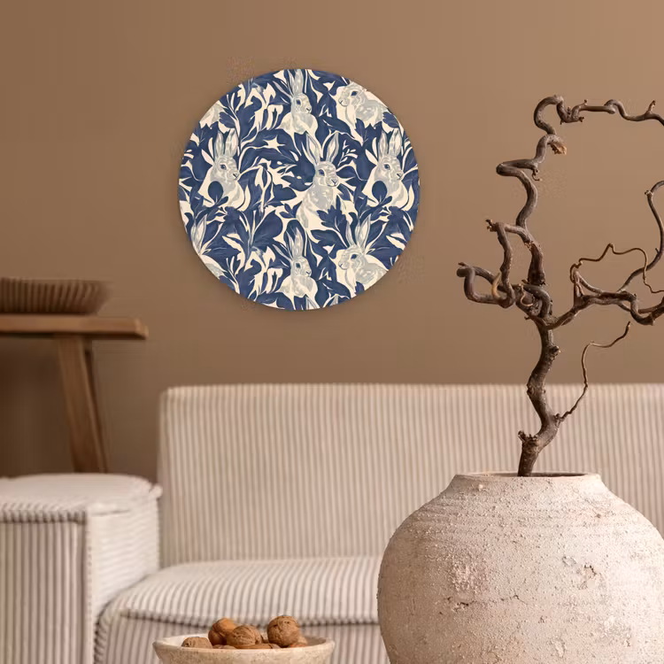 Hazen - Bladeren - Patroon - Blauw - Beige Wandcirkel kunststof plaat 5mm dik klein 188 -sfeer1