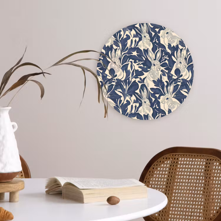 Hazen - Bladeren - Patroon - Blauw - Beige Wandcirkel kunststof plaat 5mm dik klein 188 -sfeer4