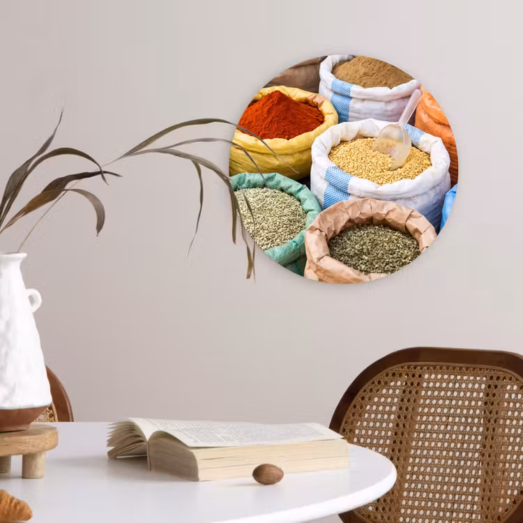 round wall art - Herbs - Bags - Market - Kruiden - Zakken - Markt Wandcirkel kunststof plaat 5mm dik klein
