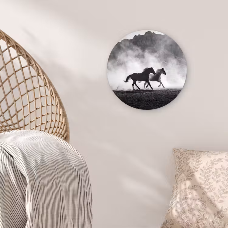 Paard - Ren - Stof - Zwart-wit - Dieren Wandcirkel kunststof plaat 5mm dik klein -sfeer5