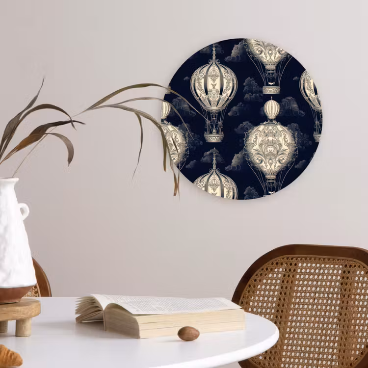 Luchtballonnen - Wolken - Patroon - Donkerblauw Wandcirkel kunststof plaat 5mm dik klein 188 -sfeer4