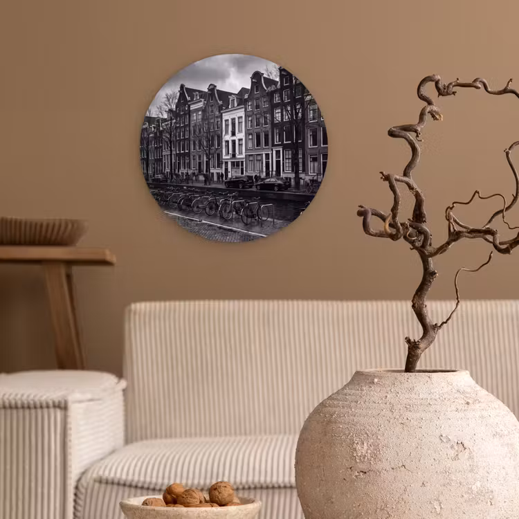 Huis - Gracht - Amsterdam - Architectuur - Zwart-wit Wandcirkel kunststof plaat 5mm dik klein -sfeer1