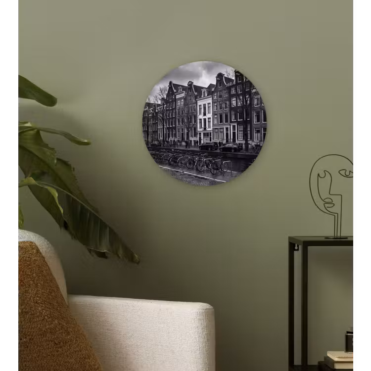 Huis - Gracht - Amsterdam - Architectuur - Zwart-wit Wandcirkel kunststof plaat 5mm dik klein -sfeer3