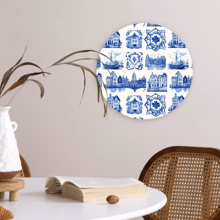 Huizen - Schepen - Blauw Wandcirkel kunststof plaat 5mm dik klein 188 -sfeer4