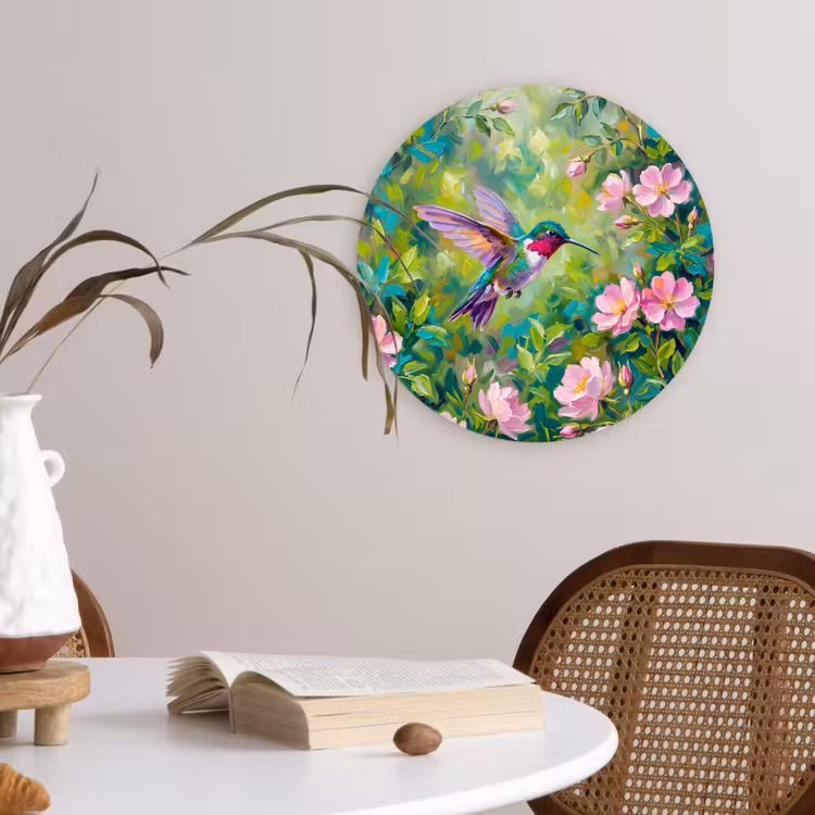Kolibrie - Bloemen - Natuur - Kleurrijk Wandcirkel kunststof plaat 5mm dik klein -sfeer4