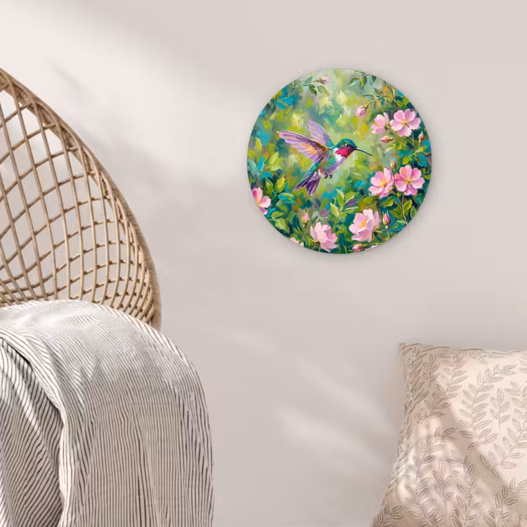 Kolibrie - Bloemen - Natuur - Kleurrijk Wandcirkel kunststof plaat 5mm dik klein -sfeer5