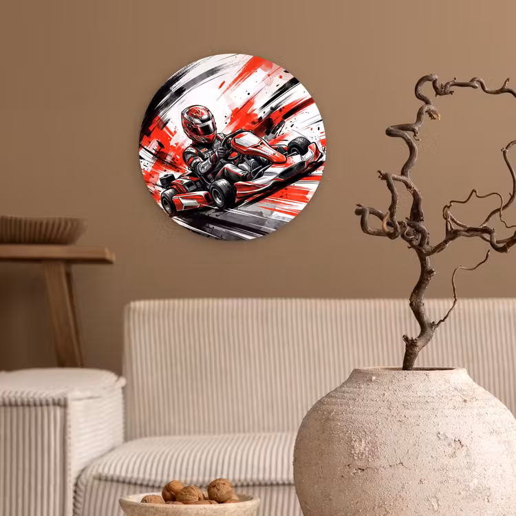 Kart - Coureur - Snelheid - Rood Wandcirkel kunststof plaat 5mm dik klein -sfeer1