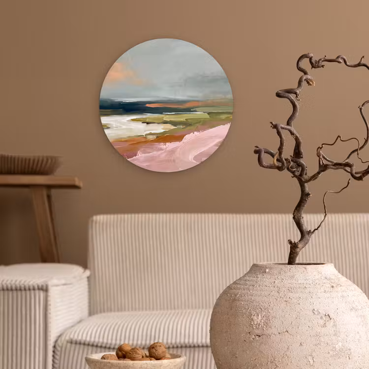 Landschap - Rivier - Abstract - Roze - Groen Wandcirkel kunststof plaat 5mm dik klein -sfeer1