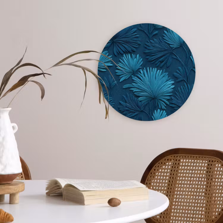 Bladeren - Reliëf - Patroon - Oceaanblauw - Modern Wandcirkel kunststof plaat 5mm dik klein 188 -sfeer4