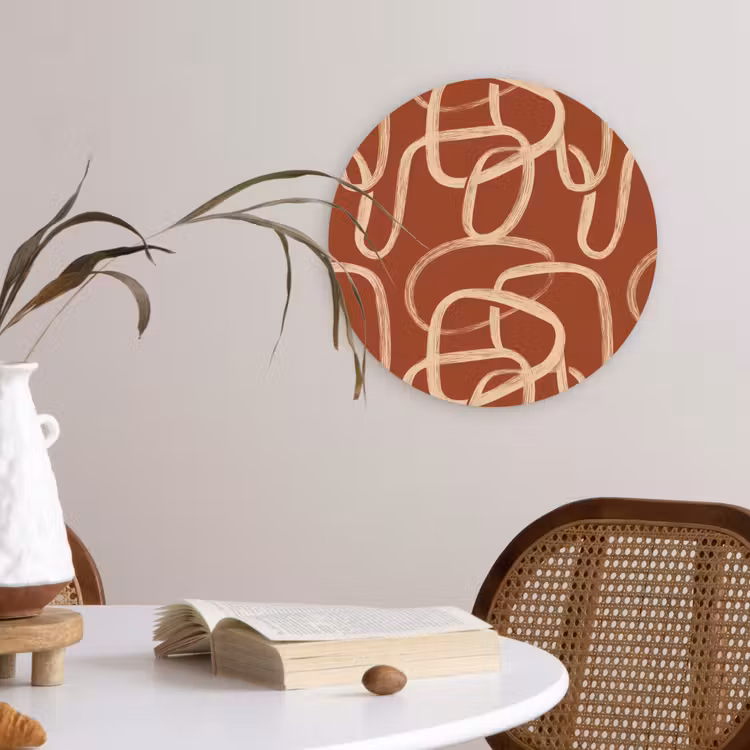 Lijnen - Abstract - Organisch - Terracotta - Crème Wandcirkel kunststof plaat 5mm dik klein 188 -sfeer4