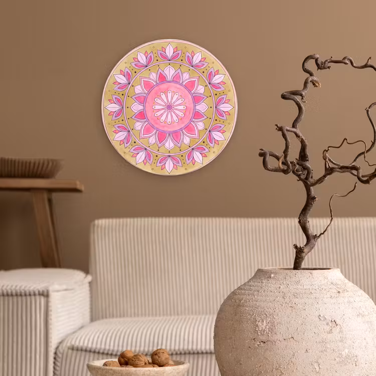 Mandala - Patroon - Kunst - Aquarel - Roze Wandcirkel kunststof plaat 5mm dik klein -sfeer1