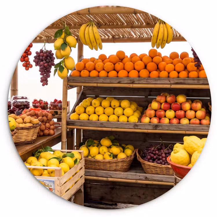 round wall art - Market Stall - Fruit - Fresh - Marktkraam - Fruit - Vers Wandcirkel kunststof plaat 5mm dik klein
