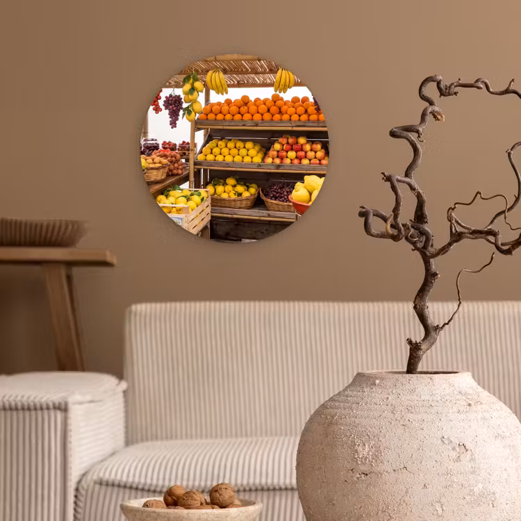 round wall art - Market Stall - Fruit - Fresh - Marktkraam - Fruit - Vers Wandcirkel kunststof plaat 5mm dik klein