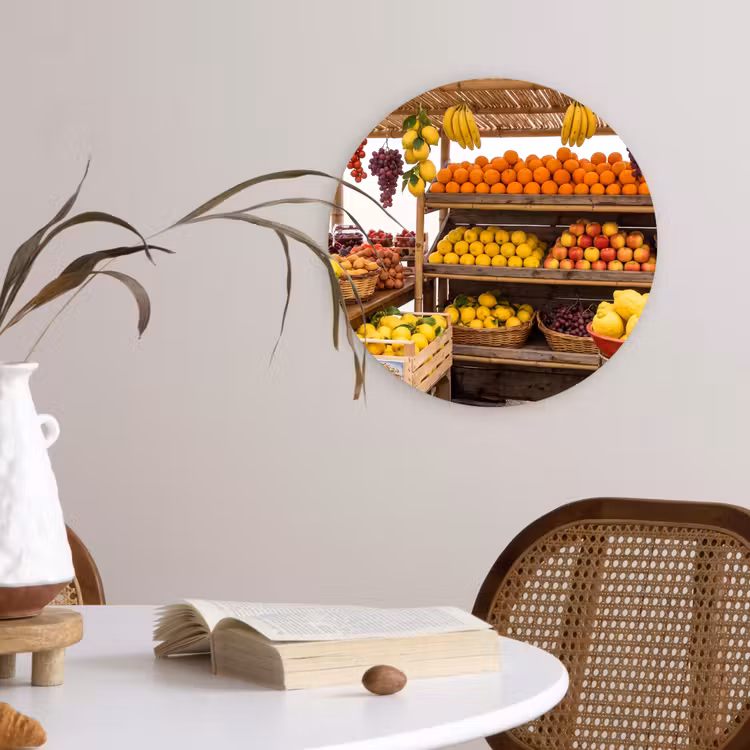 round wall art - Market Stall - Fruit - Fresh - Marktkraam - Fruit - Vers Wandcirkel kunststof plaat 5mm dik klein