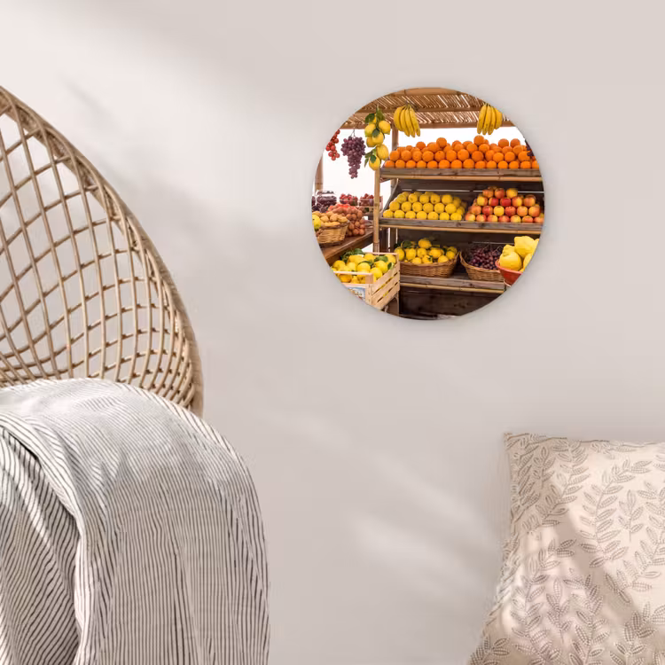 round wall art - Market Stall - Fruit - Fresh - Marktkraam - Fruit - Vers Wandcirkel kunststof plaat 5mm dik klein