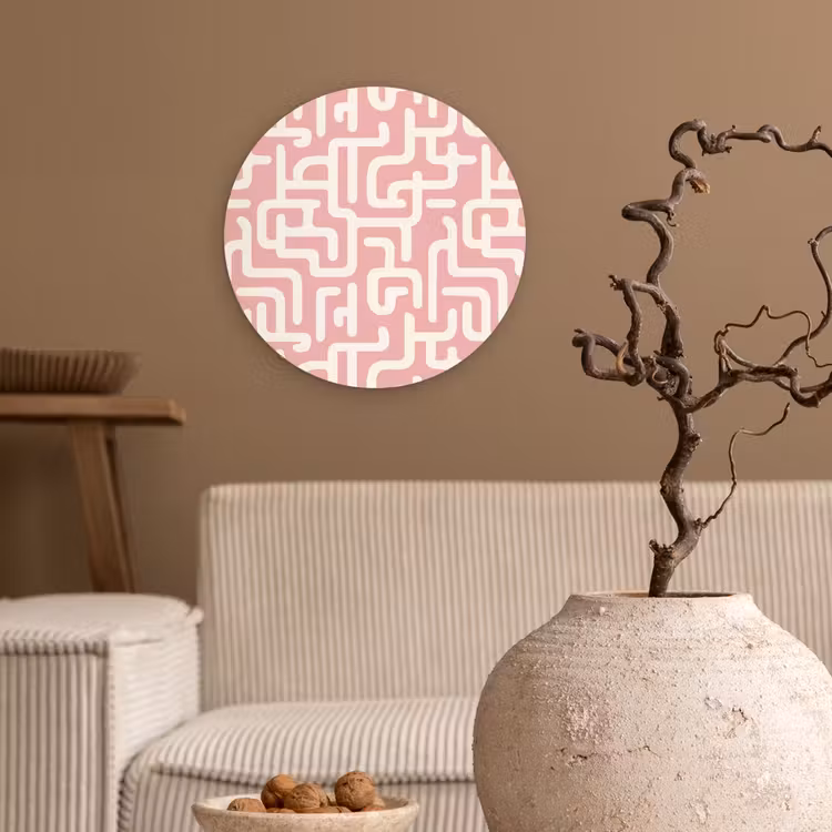 Doolhofpatroon - Roze - Wit - Abstract Wandcirkel kunststof plaat 5mm dik klein 188 -sfeer1