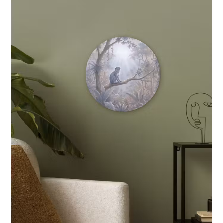 Aap - Boom - Jungle - Natuur - Grijs Wandcirkel kunststof plaat 5mm dik klein -sfeer3