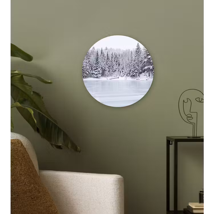 Meer - Dennen - IJs - Winter - Rustgevend Wandcirkel kunststof plaat 5mm dik klein -sfeer3
