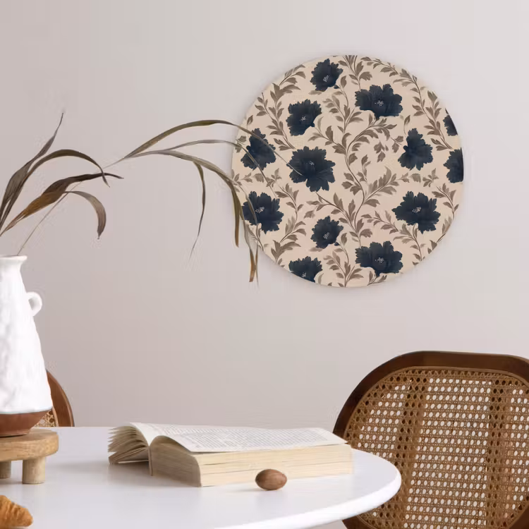 Motief - Bloemen - Zwart - Beige Wandcirkel kunststof plaat 5mm dik klein 188 -sfeer4