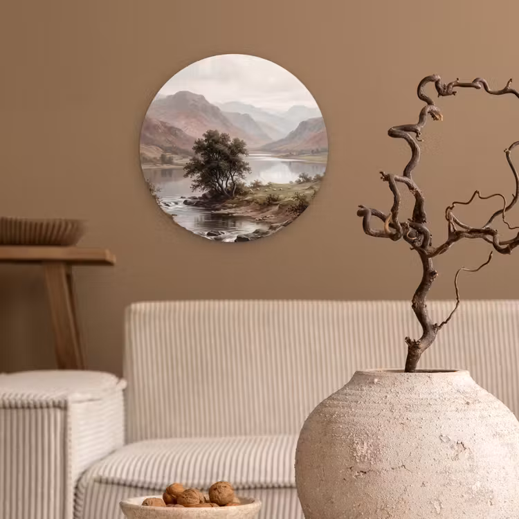 Berglandschap - Meer - Bergen - Vallei - Klassiek Wandcirkel kunststof plaat 5mm dik klein -sfeer1