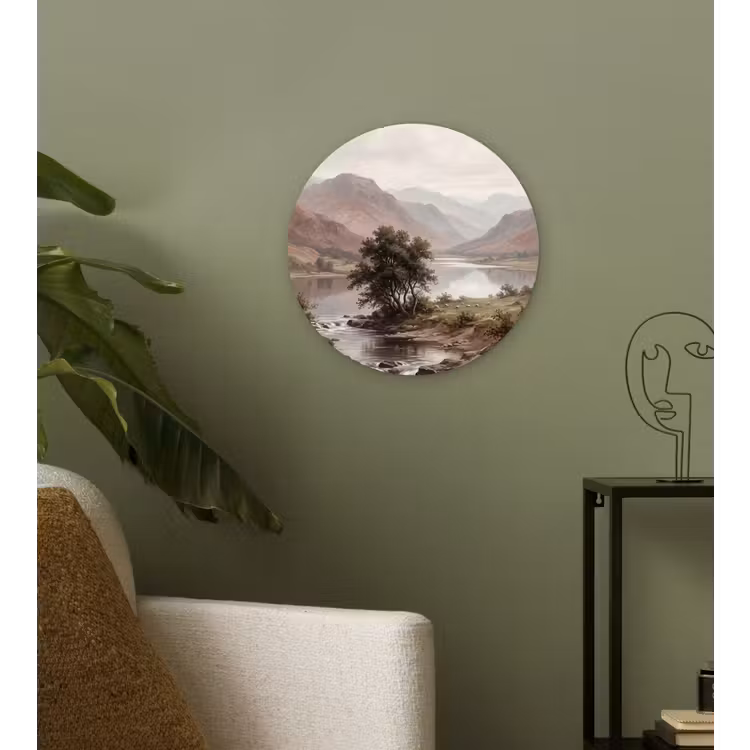 Berglandschap - Meer - Bergen - Vallei - Klassiek Wandcirkel kunststof plaat 5mm dik klein -sfeer3