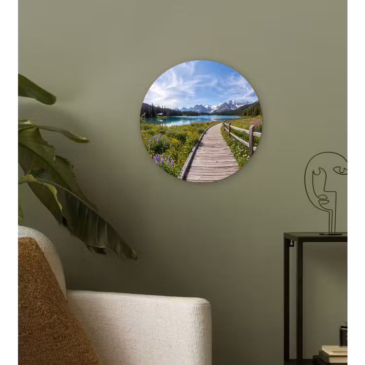 Bergen - Meer - Landschap - Blauw Wandcirkel kunststof plaat 5mm dik klein -sfeer3