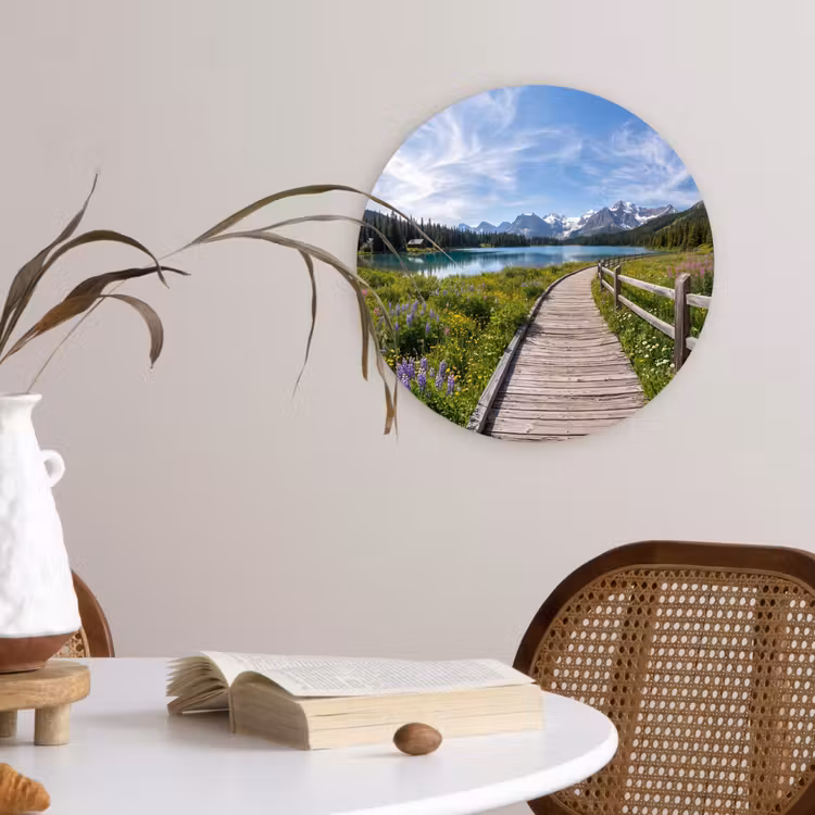 Bergen - Meer - Landschap - Blauw Wandcirkel kunststof plaat 5mm dik klein -sfeer4