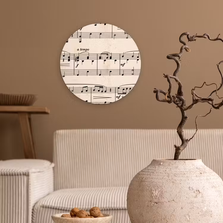 Muzieknotatie - Notenbalken - Kunst - Klassiek - Beige Wandcirkel kunststof plaat 5mm dik klein -sfeer1