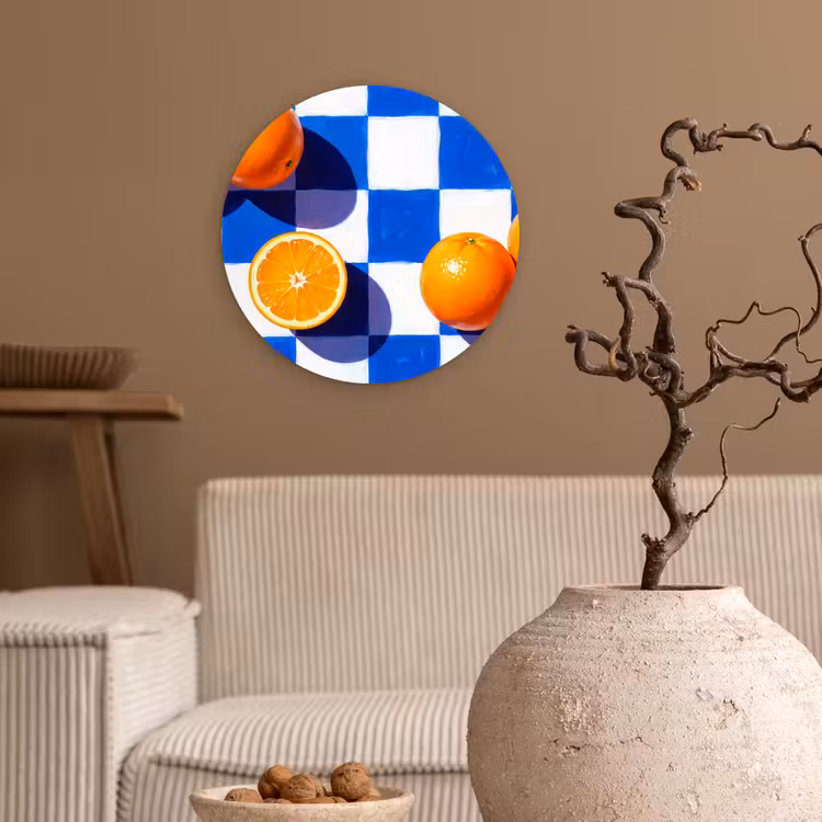 round wall art - Orange - Checkered - Food - Sinaasappel - Geruit - Eten Wandcirkel kunststof plaat 5mm dik klein