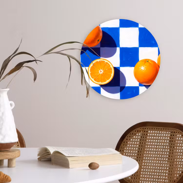 round wall art - Orange - Checkered - Food - Sinaasappel - Geruit - Eten Wandcirkel kunststof plaat 5mm dik klein
