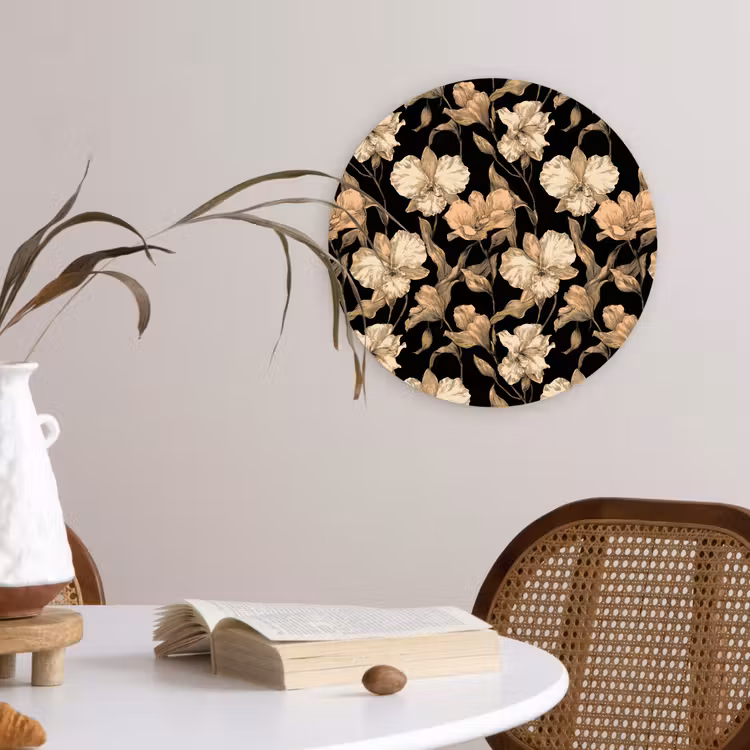 Orchideeën - Lijntekening - Patroon - Beige - Zwart Wandcirkel kunststof plaat 5mm dik klein 188 -sfeer4