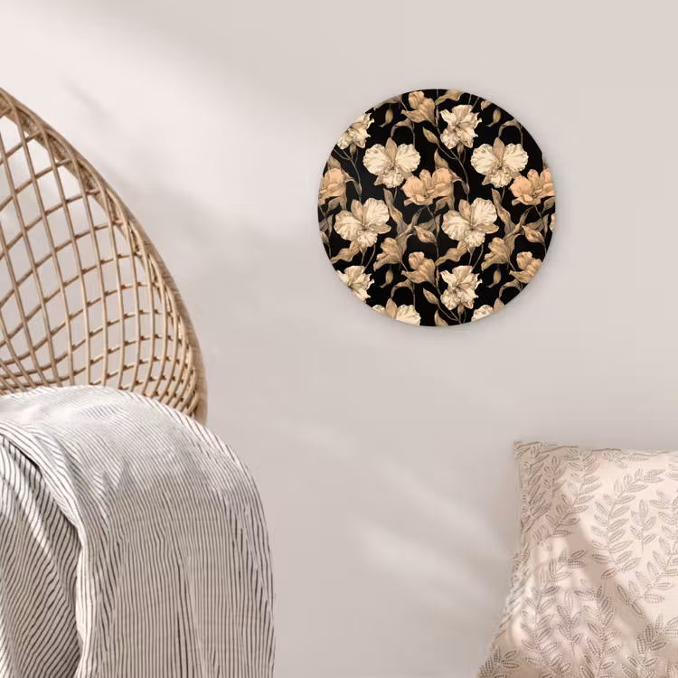 Orchideeën - Lijntekening - Patroon - Beige - Zwart Wandcirkel kunststof plaat 5mm dik klein 188 -sfeer5