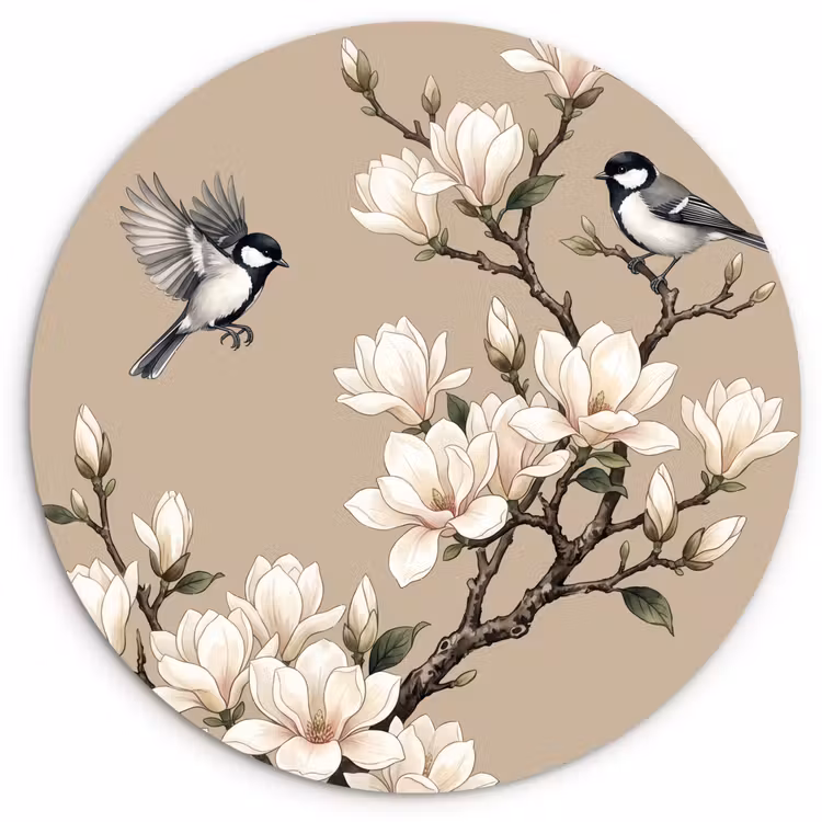 Oosters - Vogels - Beige Wandcirkel kunststof plaat 5mm dik klein -3d