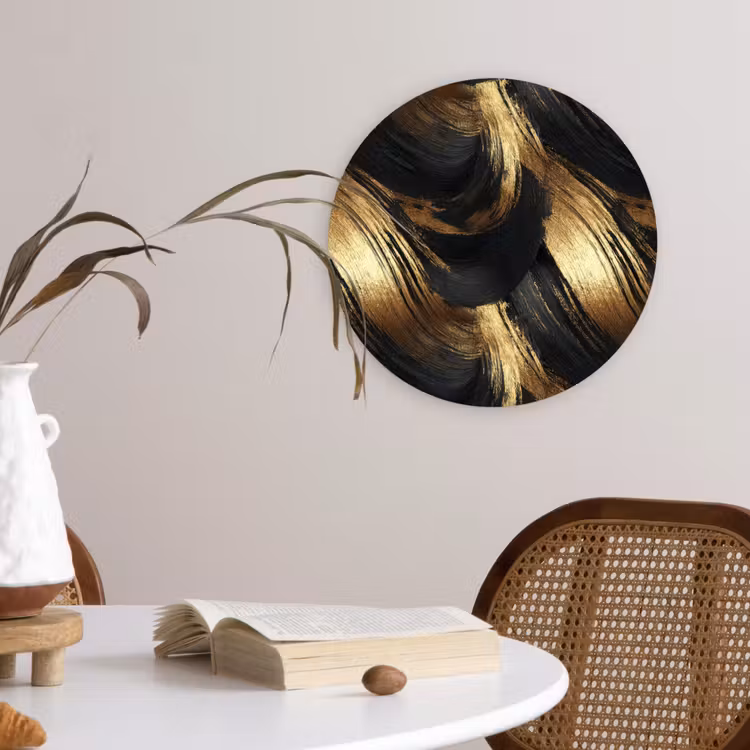 Verfstreken - Abstract - Goud - Zwart Wandcirkel kunststof plaat 5mm dik klein 188 -sfeer4