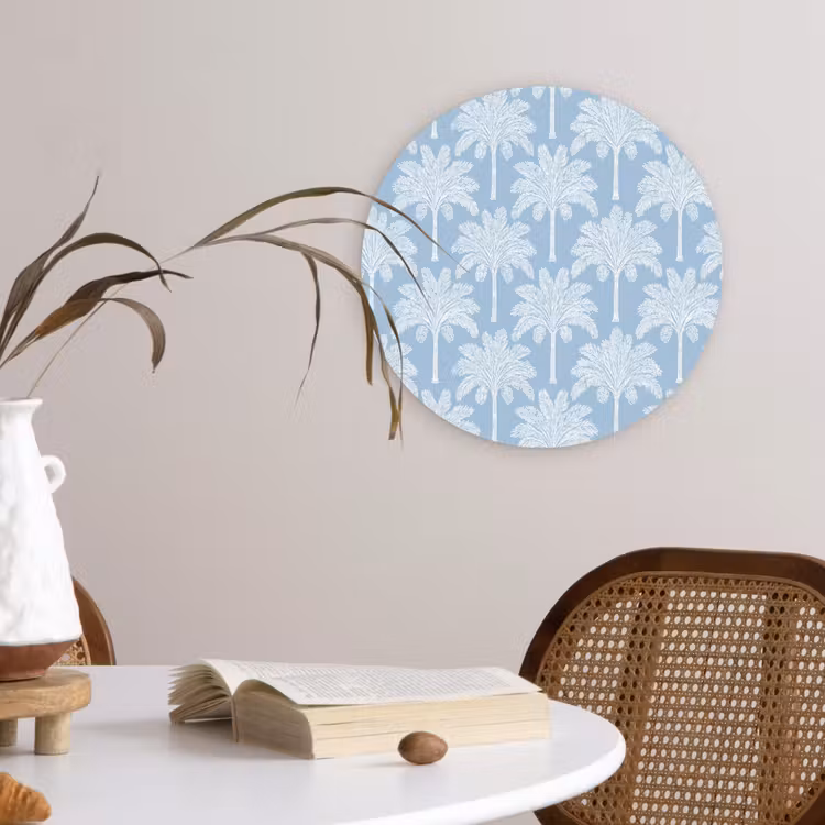 Palmboom - Modern - Blauw Wandcirkel kunststof plaat 5mm dik klein 188 -sfeer4