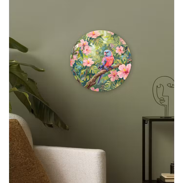 Papagaai - Hibiscusbloemen - Kleurrijk Wandcirkel kunststof plaat 5mm dik klein -sfeer3