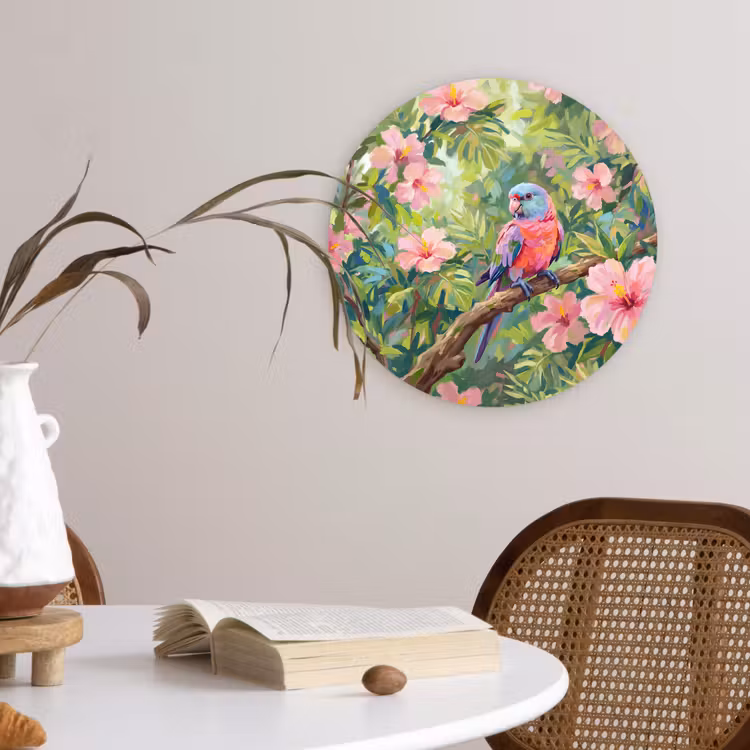 Papagaai - Hibiscusbloemen - Kleurrijk Wandcirkel kunststof plaat 5mm dik klein -sfeer4