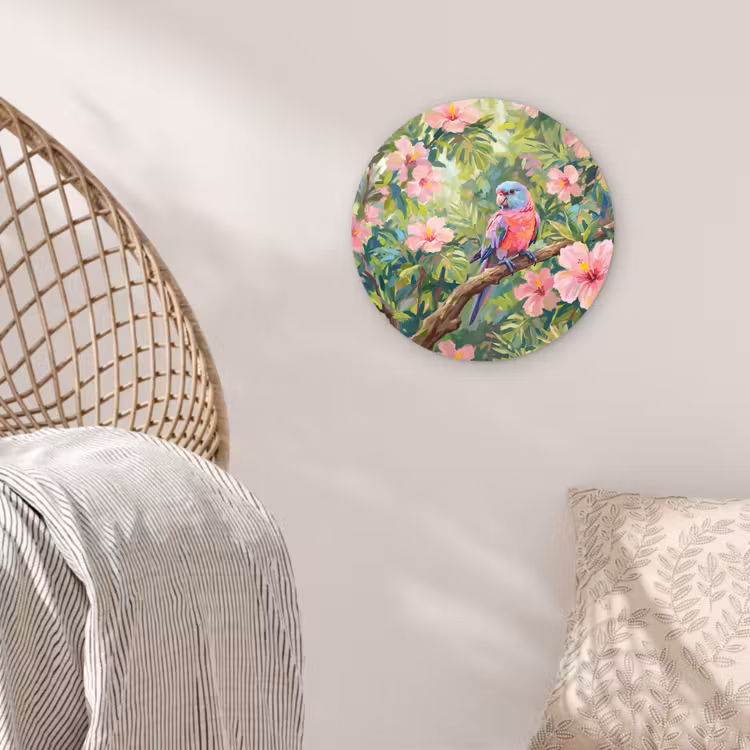 Papagaai - Hibiscusbloemen - Kleurrijk Wandcirkel kunststof plaat 5mm dik klein -sfeer5
