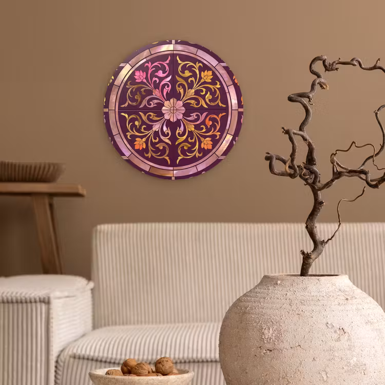 Patroon - Floraal - Oosters - Paars - Goud Wandcirkel kunststof plaat 5mm dik klein -sfeer1