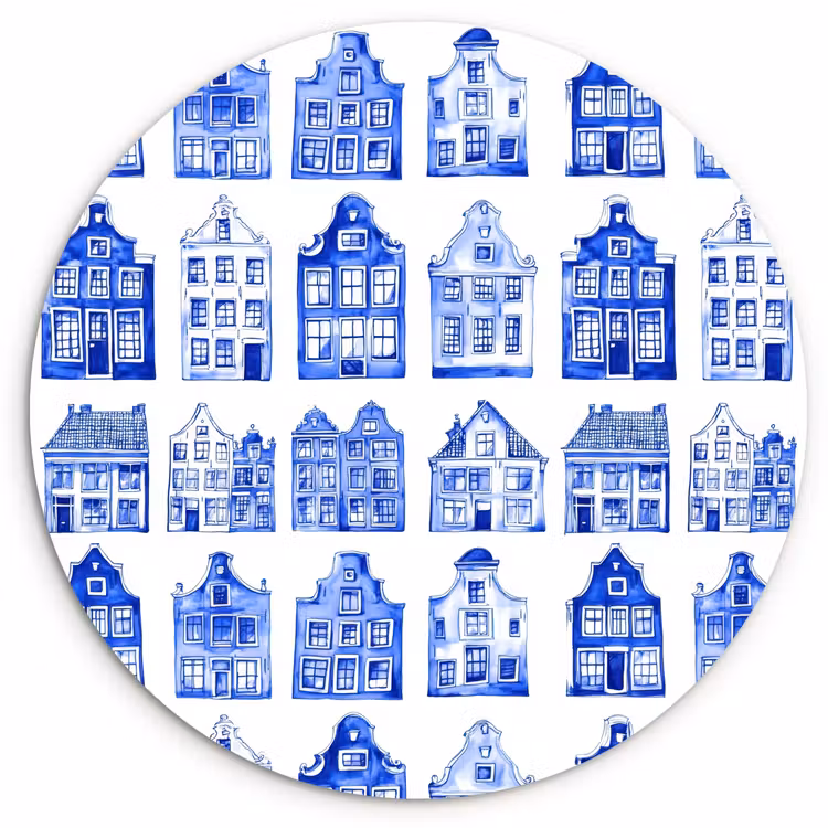 Patroon - Huizen - Blauw Wandcirkel kunststof plaat 5mm dik klein 188 -3d