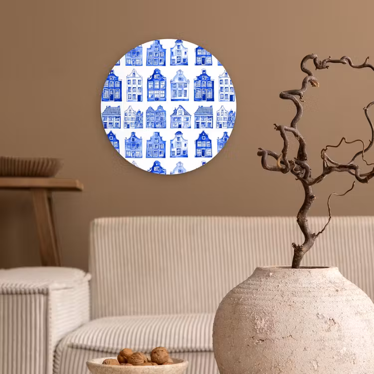 Patroon - Huizen - Blauw Wandcirkel kunststof plaat 5mm dik klein 188 -sfeer1