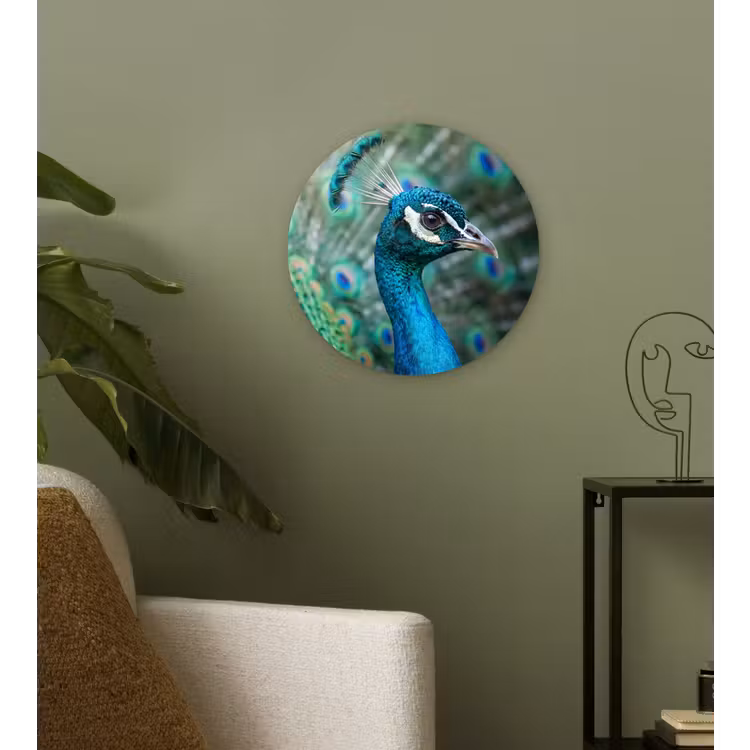Pauw - Veren - Blauw Wandcirkel kunststof plaat 5mm dik klein -sfeer3