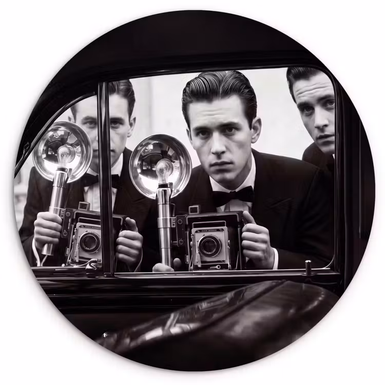 Fotograaf - Camera - Vintage - Journalistiek - Zwart-wit Wandcirkel kunststof plaat 5mm dik klein -3d