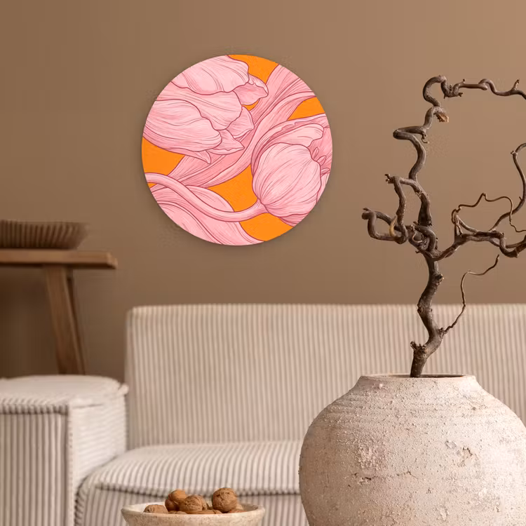 round wall art - Pink Flowers - Modern - Roze bloemen - Modern Wandcirkel kunststof plaat 5mm dik klein