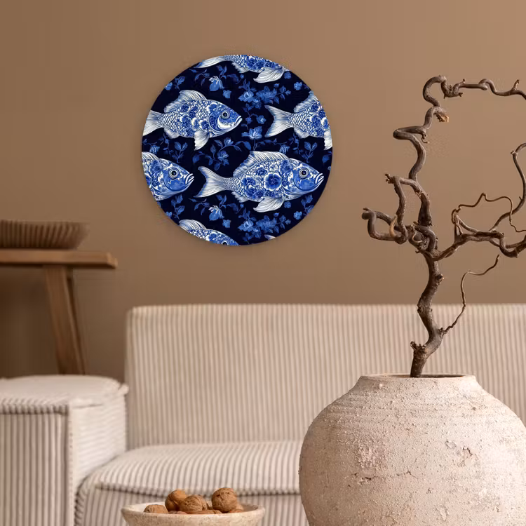 Vissen - Bloemen - Blauw Wandcirkel kunststof plaat 5mm dik klein 188 -sfeer1